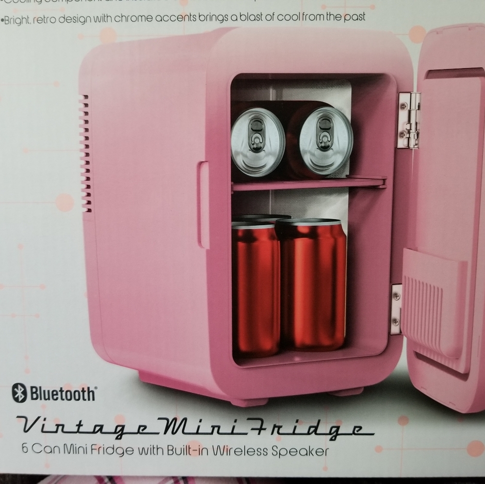 New in Box Pink Retro Mini Fridge Portable Bluetooth Speaker. Holds 6 Cans. - Picture 2 of 6